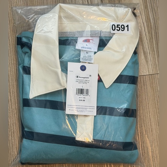 Women's Champion Long Sleeve Button-Down Polo T-Shirt - Striped - S, M, & L - Picture 9 of 12